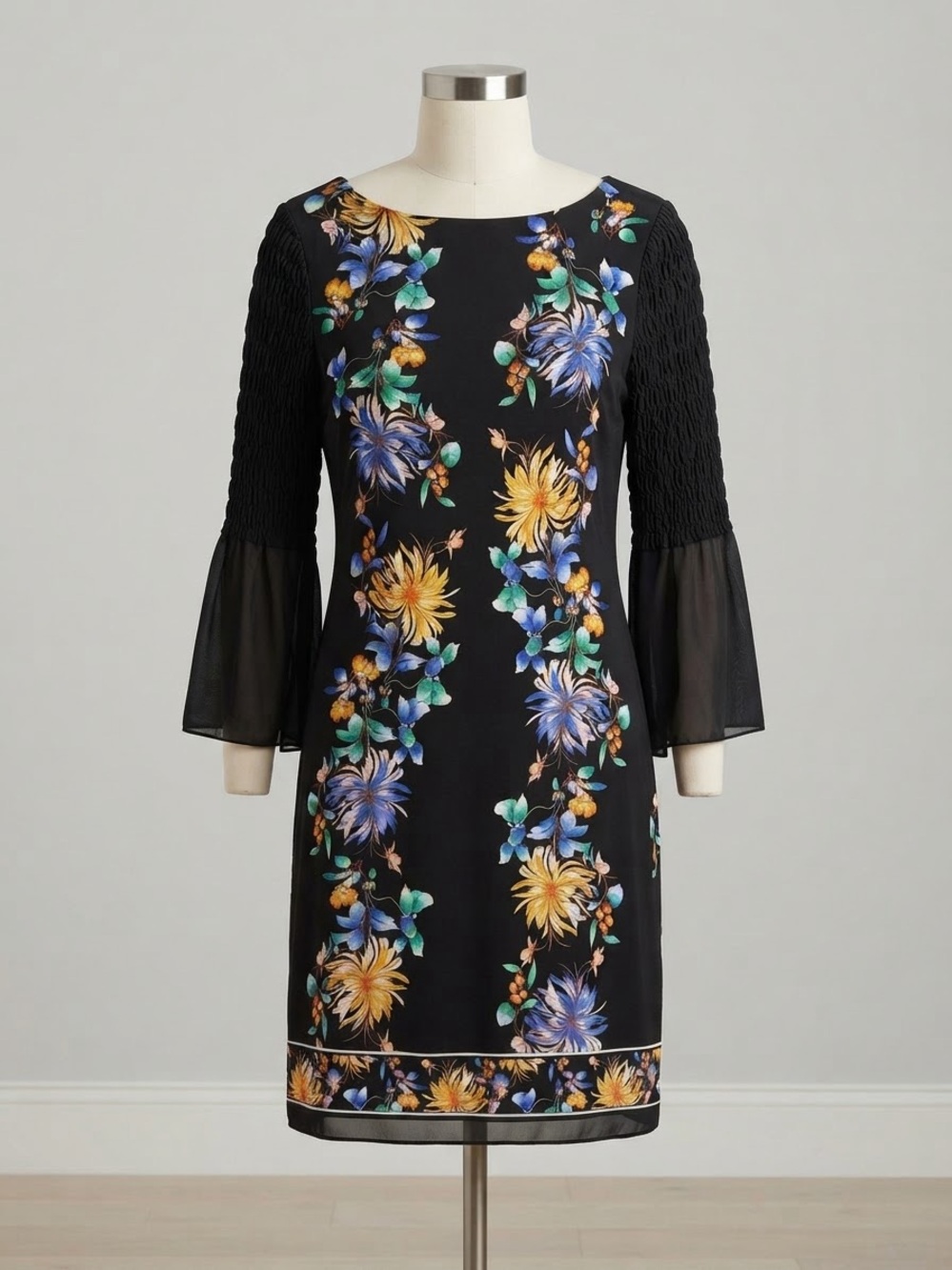 JM Collection Black Floral Sheath Dress with Smocked Sleeves